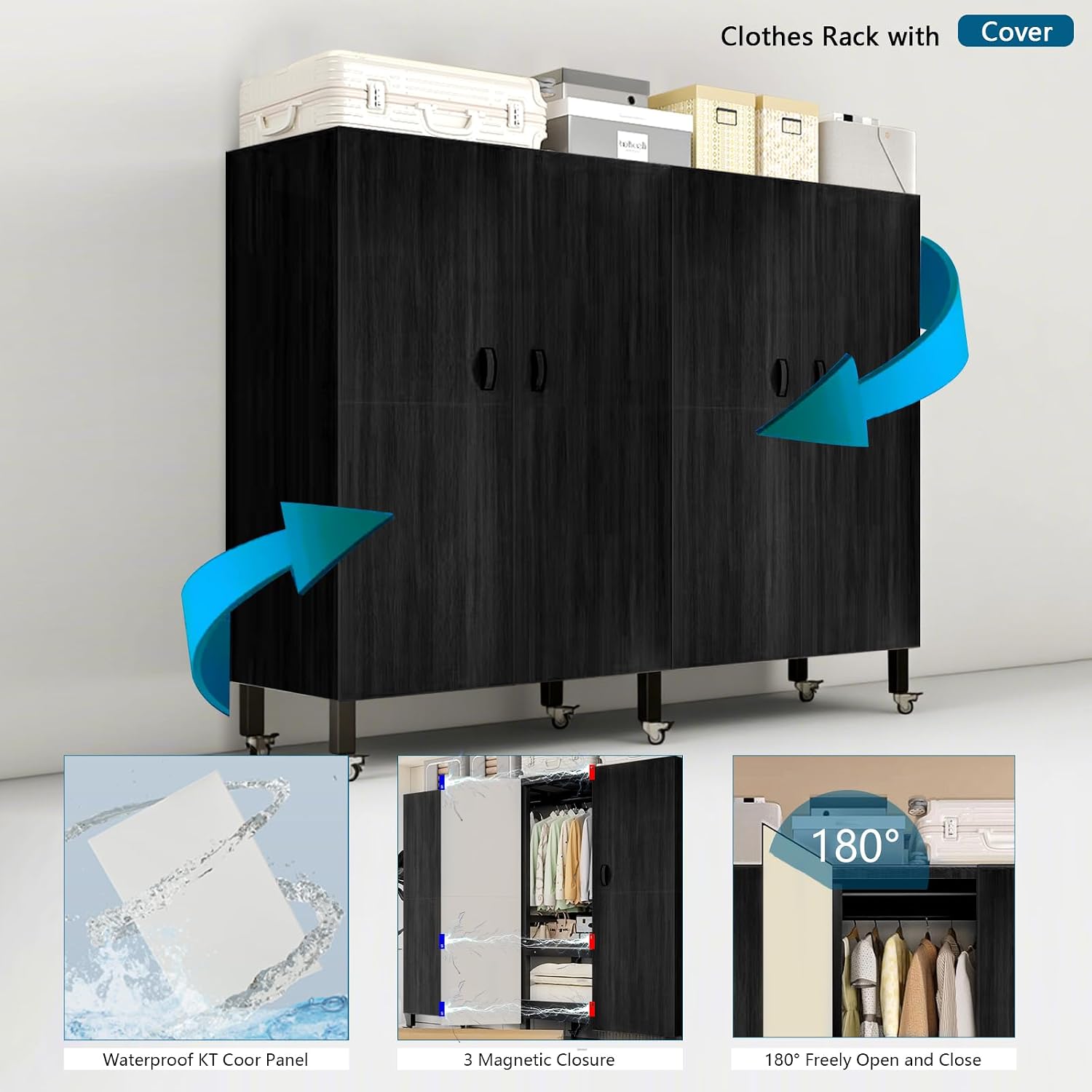 Rolling Clothes Rack with Magnetic Door, Metal Clothing Rack Load 2000lbs, Foldable Portable Wardbe Closet for Hanging Cloth, Garent Racks for Bedroom Closet Sytem (KT-CMX, 59.05in)
