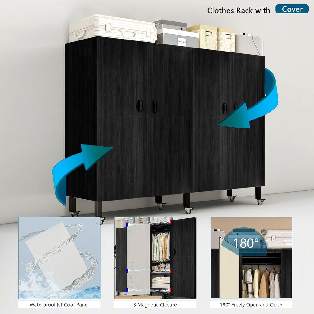 Rolling Clothes Rack with Magnetic Door, Metal Clothing Rack Load 2000lbs, Foldable Portable Wardbe Closet for Hanging Cloth, Garent Racks for Bedroom Closet Sytem (KT-CMX, 49.21in)