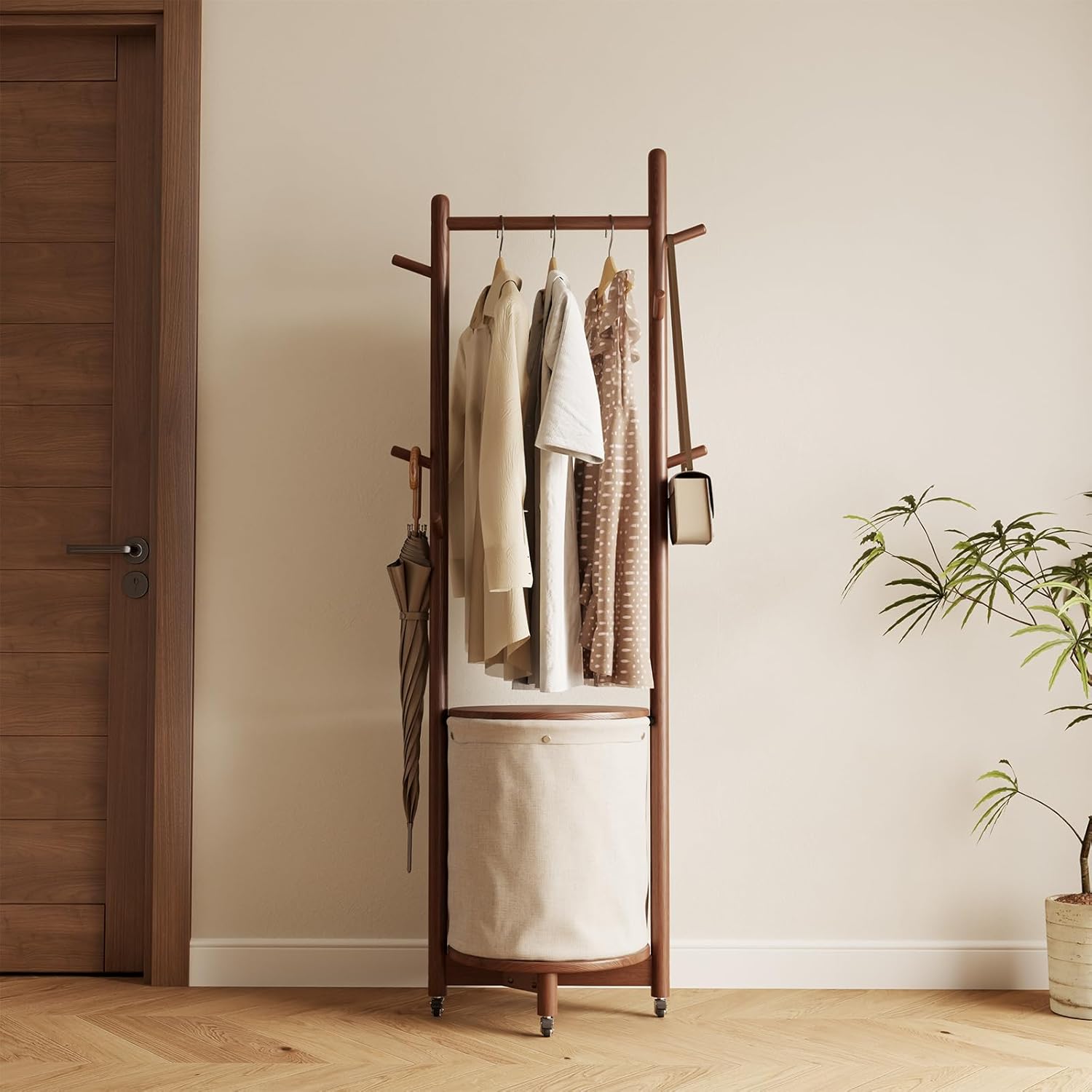CycleCrew Solid Wood Coat Rack with Fabric Basket - Freestanding Coat Rack Rolling Coat Tree with 9 Hooks Wheels, Small Clothes Rack For Entryway Bedroom Hallway Living Room