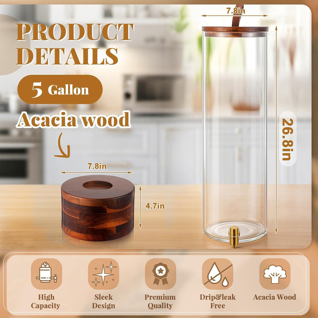 FillTouch 1 Pack 5 Gallon Glass Drink Dispenser with Acacia Wood Stand & Lid,Stainless Steel Spigot ,Large Leak-Proof Drink Beverage Dispenser for Juice Lemonade Sangria Party Weddings Outdoor Events