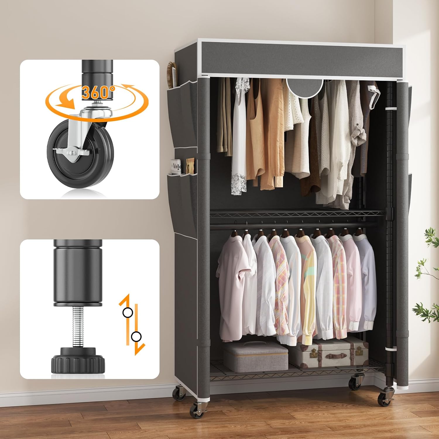 Homdox Garment Rack with Cover, Heavy Duty Clothing Rack for Hanging Clothes, Portable Closet Wardrobe, Double Rods Garment Rack with wheels, 35.1' W x 17.4' D x 80.6' H, Gray