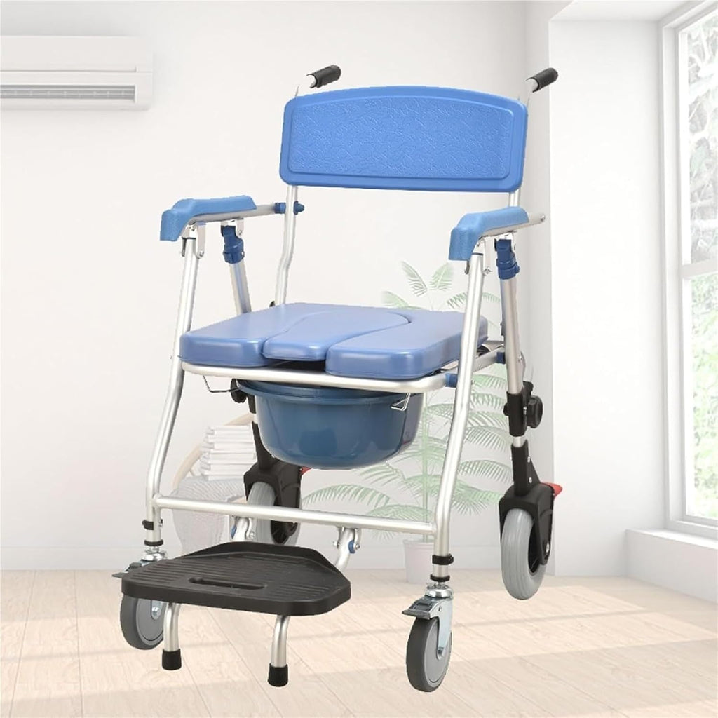 Commode Chair for Seniors with Wheels, 3-in-1 Toilet Shower Wheelchair for Seniors Injured Person Pregnant Shower Chair Foldable with Brake and Oval Commode, up to 150Kg