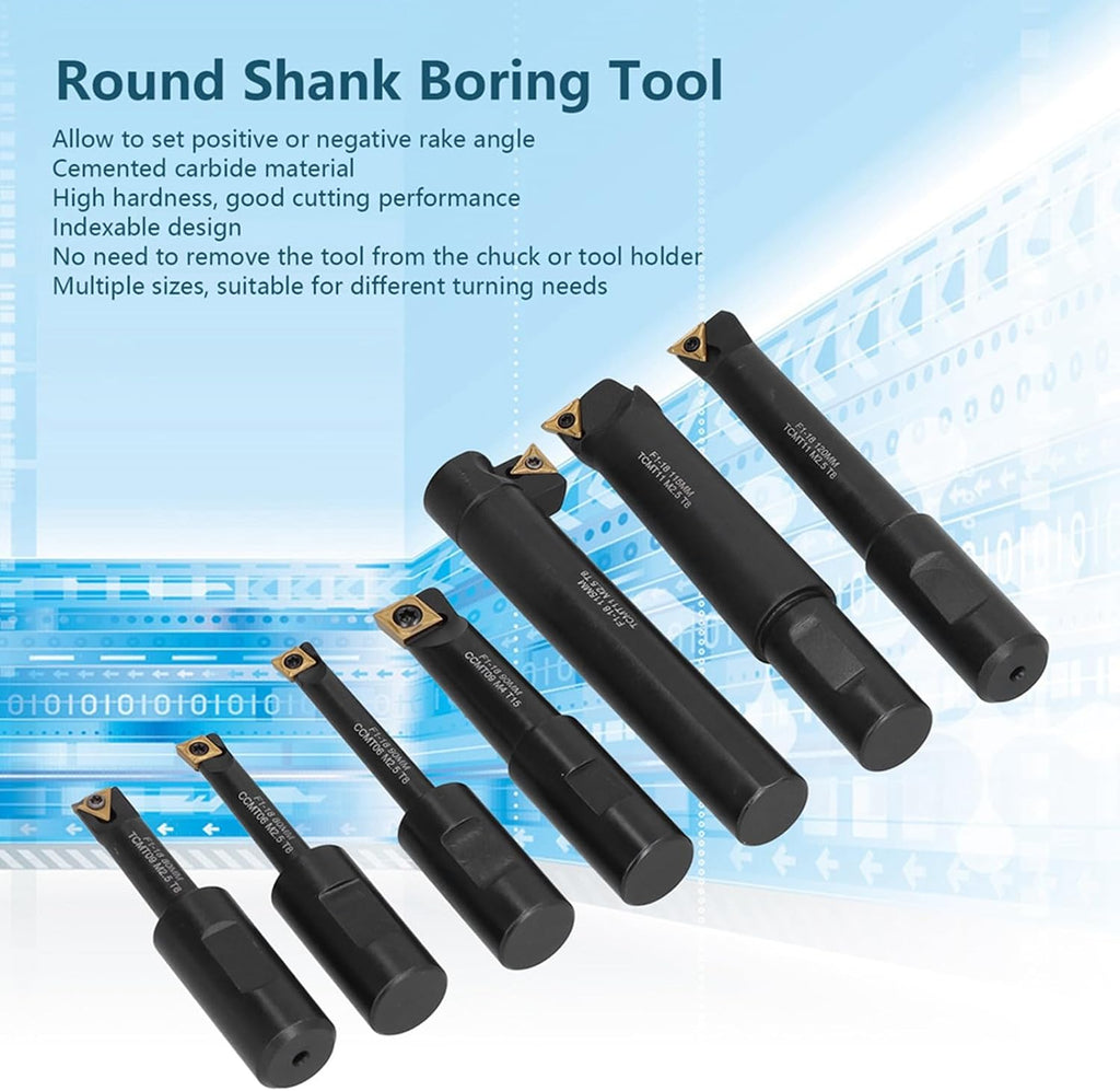 7Pcs Boring Tool Set, Indexable Cemented Carbide Turning Bar Holder, Round Shank Boring Bar for Lathe and Boring Machine, F1-18 with Wood Block Storage