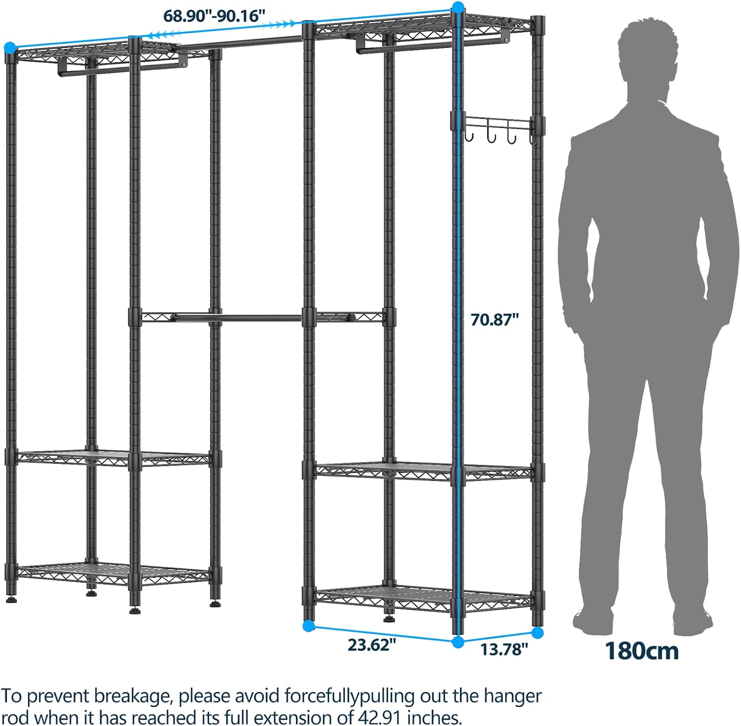 Homdox Heavy Duty Garment Rack with Extendable Hanging Rods, Adjustable Metal Clothing Rack for Hanging Clothes, Freestanding Closet Wardrobe Clothes Rack with Wire Storage Shelves, Black