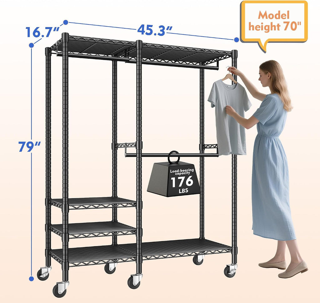 Raybee Heavy Duty Clothes Rack, Clothing Racks for Hanging Clothes, Portable Closet with Wheels and 4 Tiers Adjustable Shelves, Rolling Garment Rack for Bedroom, Black