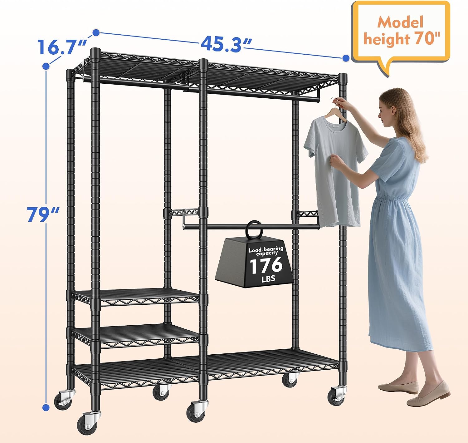 Raybee Heavy Duty Clothes Rack, Clothing Racks for Hanging Clothes, Portable Closet with Wheels and 4 Tiers Adjustable Shelves, Rolling Garment Rack for Bedroom, Black