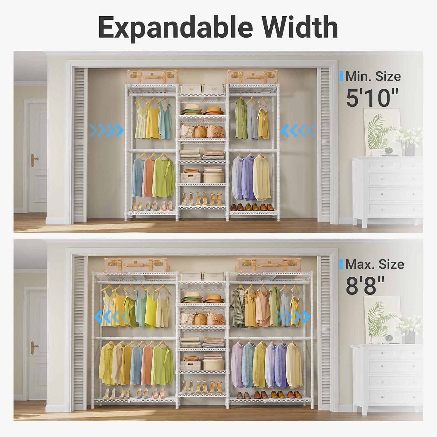 VIPEK X3 Plus Large Expandable Closet Rack Adjustable from 5'10' to 8'8' with Extendable Shelves and Hanger Rods, Freestanding Clothing Racks Modular Closet Systems Wardrobe, Max Load 1360LBS, White