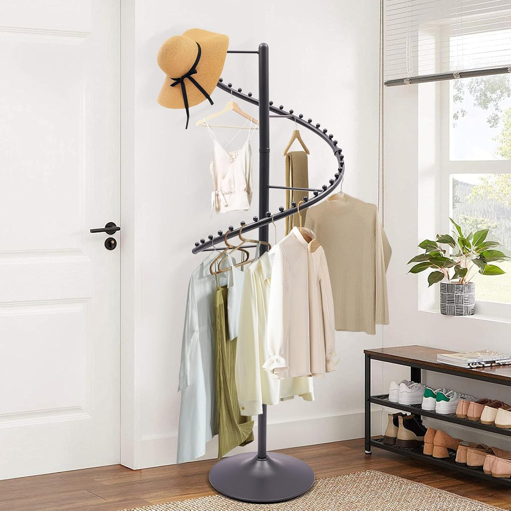 360° Rotating Spiral Clothing Rack Freestanding Metal Spiral Garment Display Rack Modern Coat Stand Retail Clothes Display Racks for Shops Boutique Entrance Hall Bedroom Black