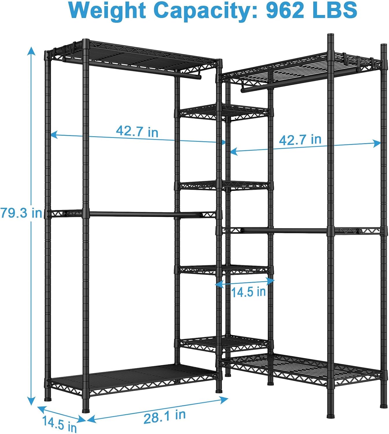 Ulif E4L L-shaped Clothes Rack for Corner, Heavy Duty Freestanding Garment Rack, Metal Clothing Organization Storage System with Shelves and Hangers, Max Load 962lbs, 42.7'W x 42.7'D x 79.3'H, Black