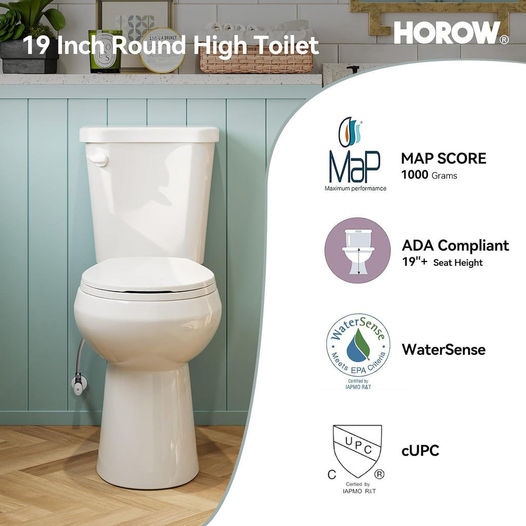 HOROW 19 Inch Tall Toilets, Extra High Toilets with Comfortable Chair Height Seat, 1.28 GPF Single Flush Two-Piece Toilet, 12' Rough In Round Bowl for Seniors, Pregnant, Disabled & Tall Person, White