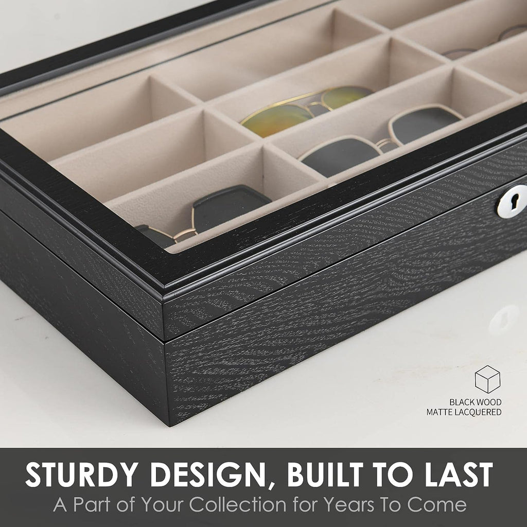 Sunglasess Organizer 12 Slot Wood Glasses Case for Women Men, Eyeglasses Storage Box, Sunglasses Holder Display