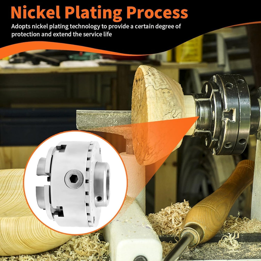 3.75-Inch 4 Jaw Wood Turning Lathe Nickel Plated Chuck and Cutting Jaws Kit with T-Wrench and 6 Corner Star Fasteners 1 Inch x 8TPI