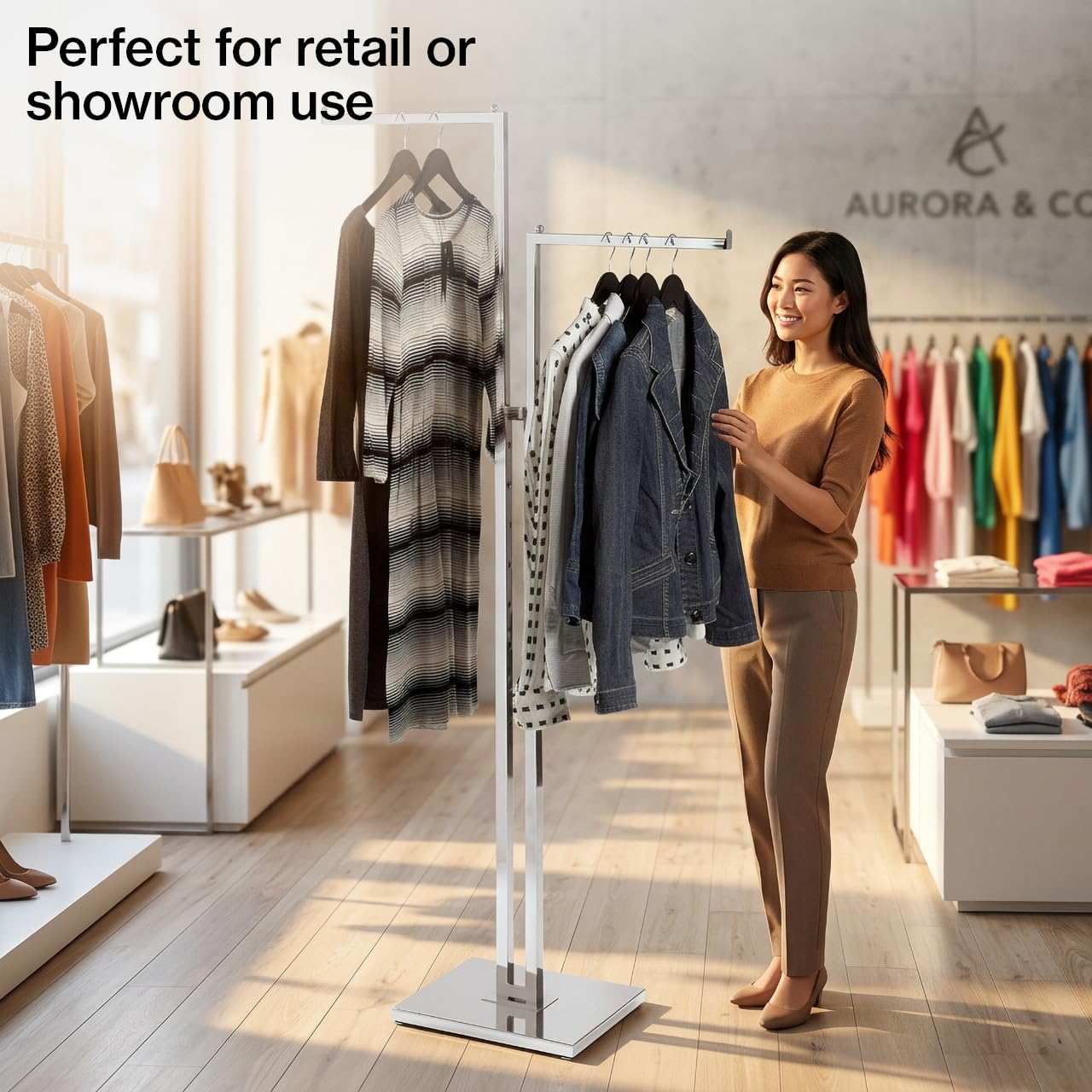 SSWBasics 2-Way Clothing Rack - Adjustable Chrome Garment Rack with Straight Arms - Sleek, Sturdy, and Durable Hanging Racks for Clothes - Ideal for Retail, Boutique, and Thrift Spaces