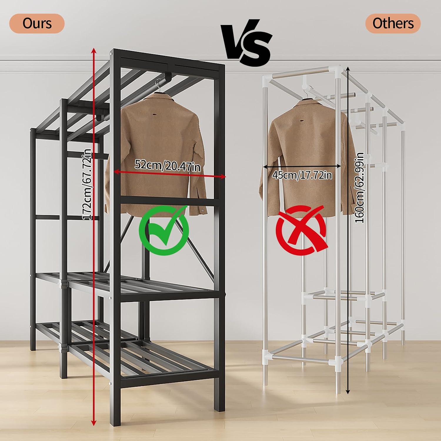 71in Heavy Duty Portable Closet with Cover, 1500lbs Foldable Covered Metal Clothing Wardrobe Closet System, Heavy Duty Garment Rack for Hanging Clothes, for Bedroom,Apartment,Rental Property, Brown