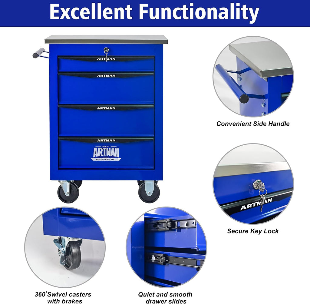4 Drawers Tool Cart on Wheels with Stainless Steel Worktop, Heavy Duty Mobile Rolling Drawer Tool Chest with Locking Wheels & Lockable Drawers, Garage Tool Storage Cabinet (Blue, 4 Drawers)