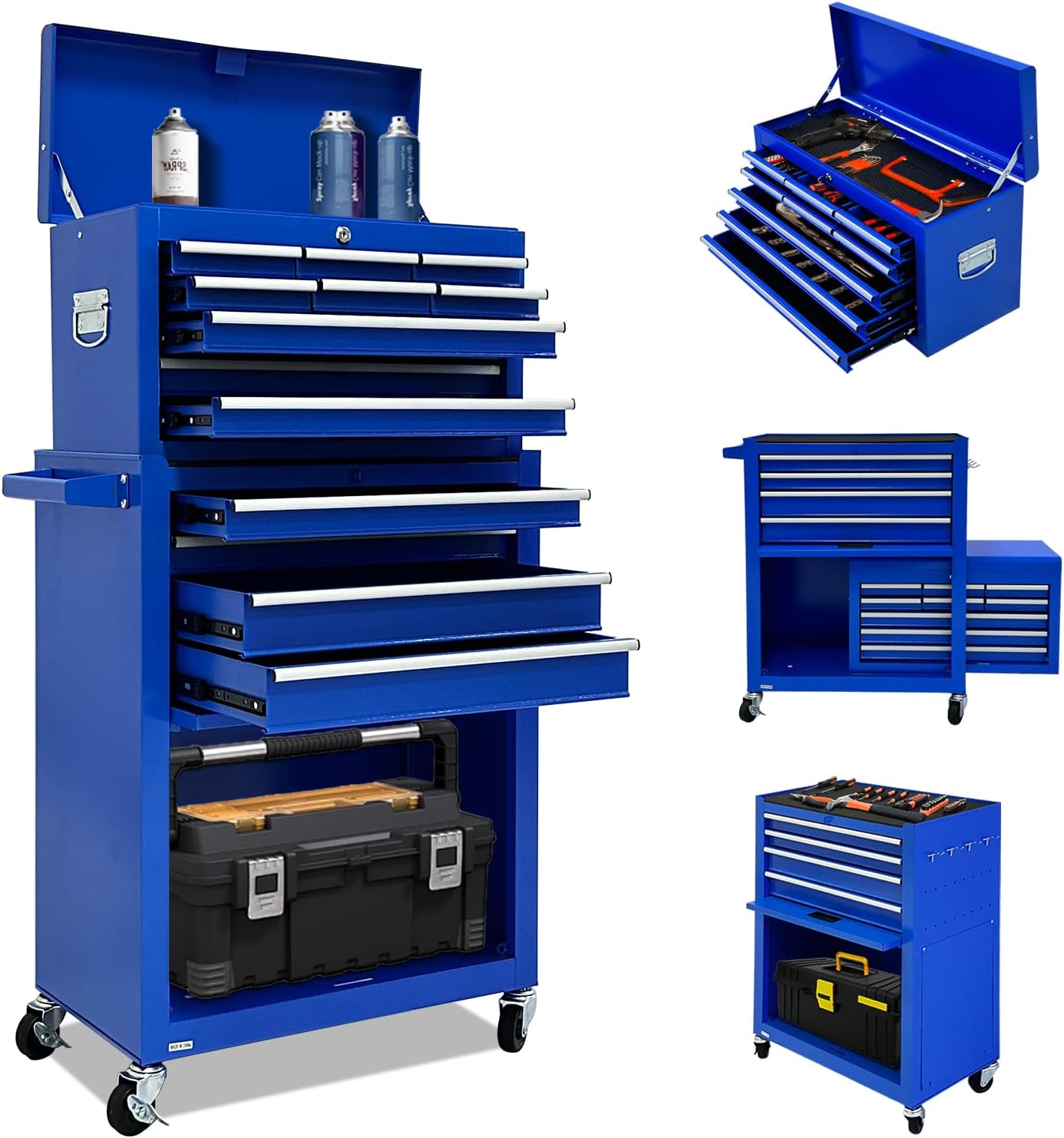 13-Drawer Tool Chest with Tool box and wheels, Large Detachable Toolbox with Sliding Drawers, Mechanic Storage Cabinets, Metal Tool Cart for Garage Workshop (Blue)