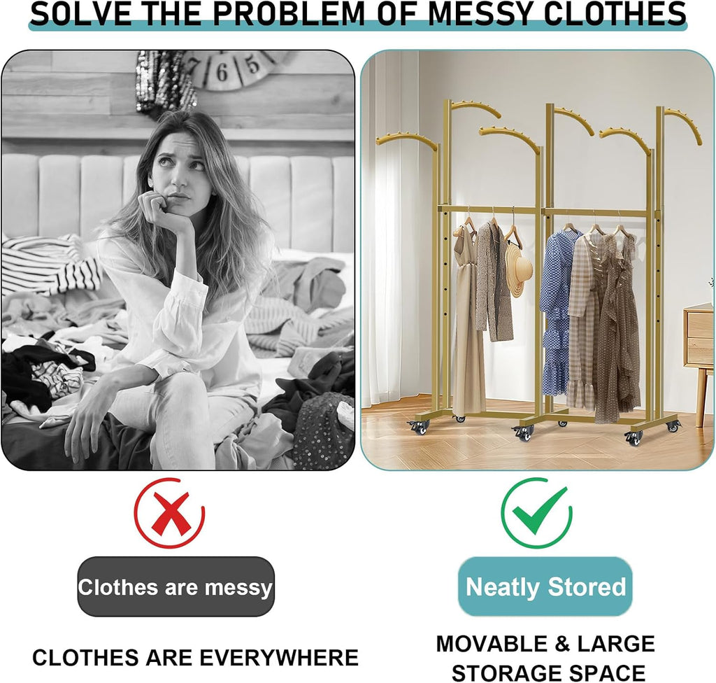 Floor Standing Metal Garment Rack, 6 Arms Clothing Display Rack with Wheels, Heavy Duty 48'' to 67'' Adjustable Height Retail Clothes Rack Rolling Shirt Rack for Hanging Clothes, Gold