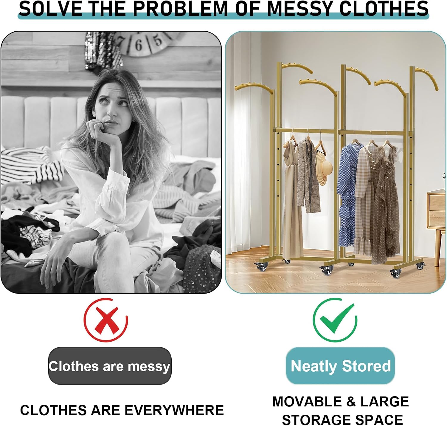 Floor Standing Metal Garment Rack, 6 Arms Clothing Display Rack with Wheels, Heavy Duty 48'' to 67'' Adjustable Height Retail Clothes Rack Rolling Shirt Rack for Hanging Clothes, Gold
