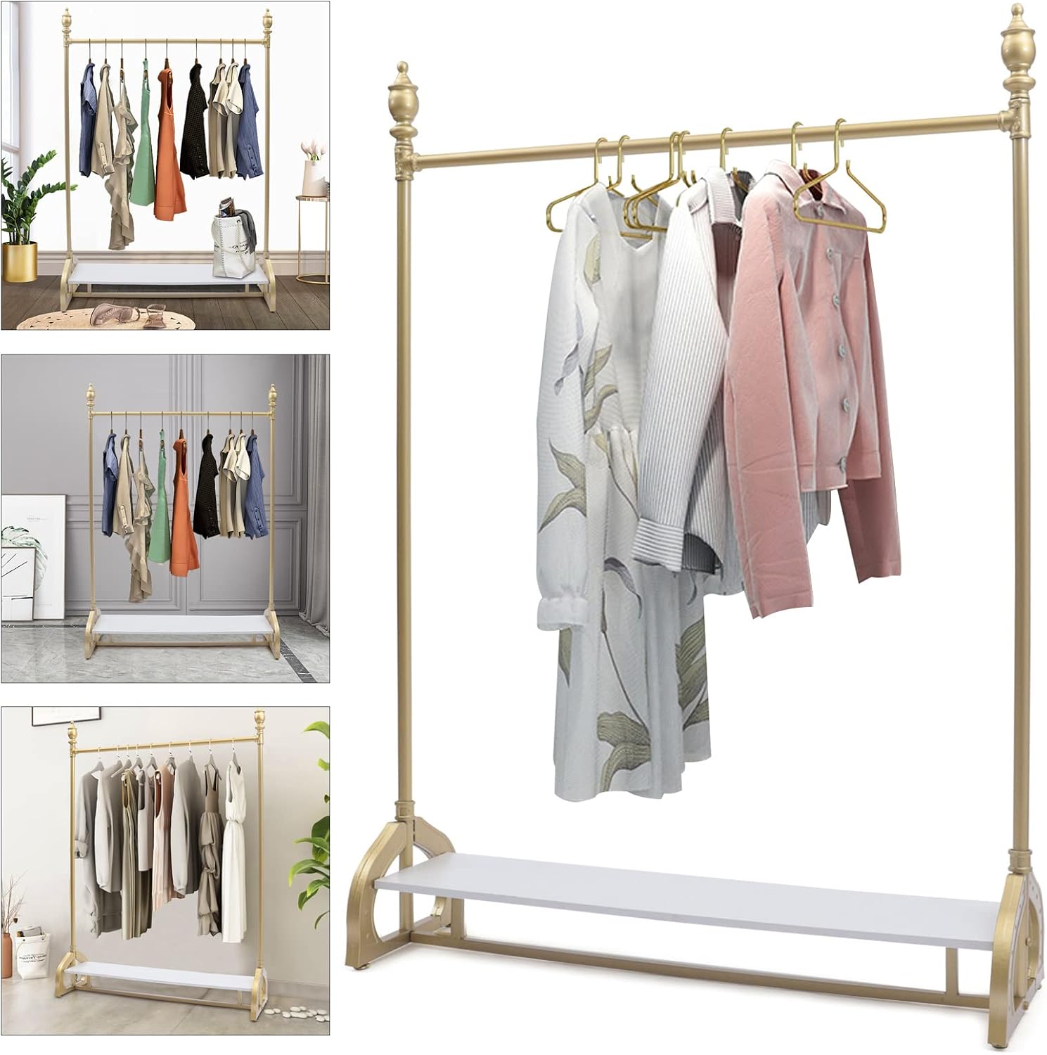 Modern Gold Clothing Rack Freestanding Multi-functional Heavy Duty Garment Rack Retail Display Clothes Rack Industrial Clothes Rack Metal Clothes Rack with Wood Shelf,Gold