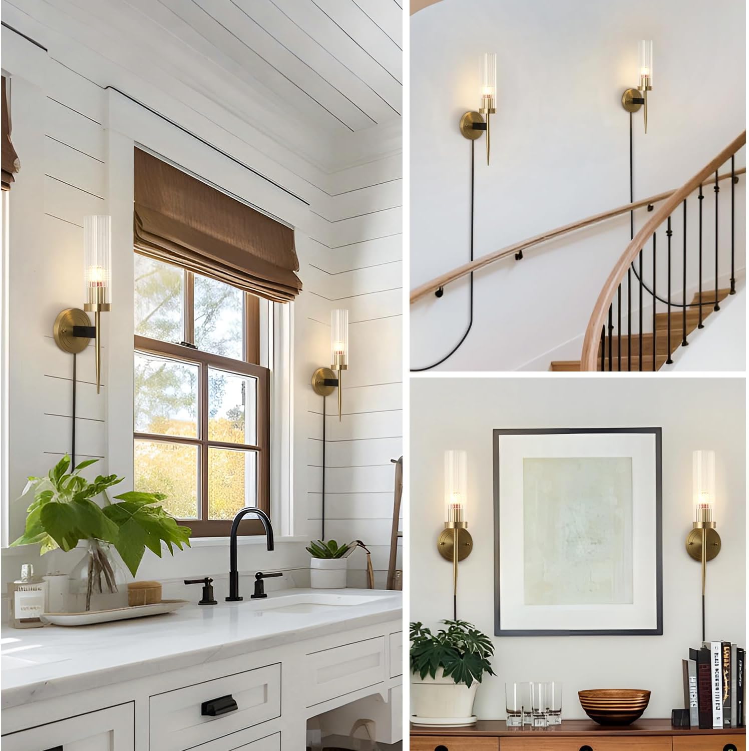 Brass Plug in Wall Sconces Set of Two Indoor Wall Mounted Lights Industrial Vintage Wall Lights Fixture with Clear Glass Shade Wall lamp Set of 2 for Bedside Bedroom Indoor Doorway E26 Base