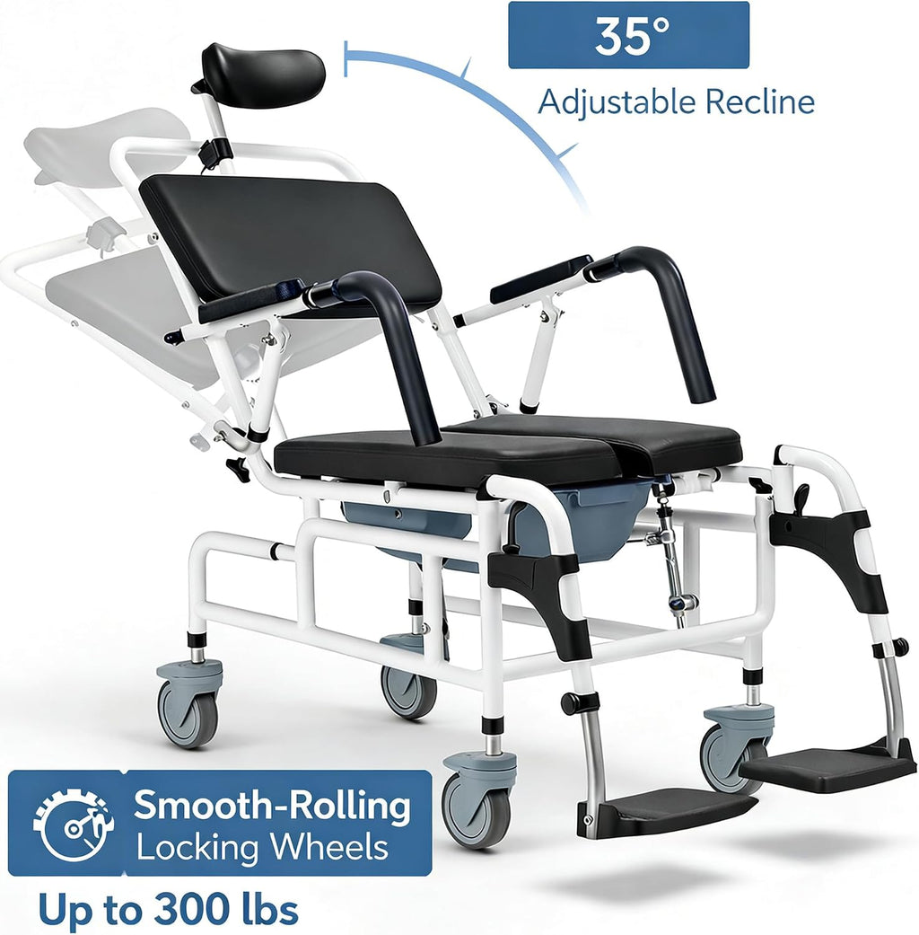Eosprim Reclining Shower Chair with Wheels, Shower Wheelchair for Elderly and Disabled, Rolling Shower Chair with Commode, Bariatric Bathroom Wheelchair for Shower Use