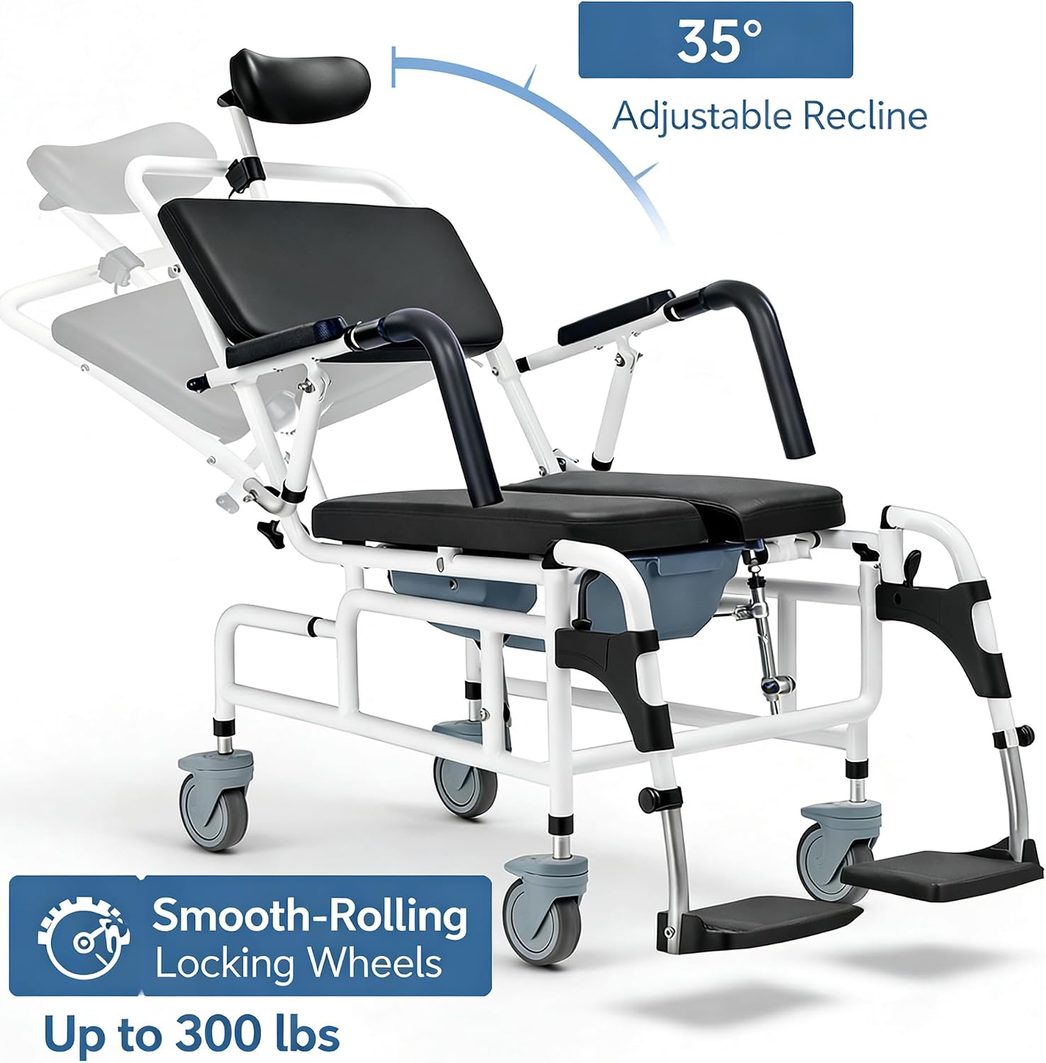 Eosprim Reclining Shower Chair with Wheels, Shower Wheelchair for Elderly and Disabled, Rolling Shower Chair with Commode, Bariatric Bathroom Wheelchair for Shower Use