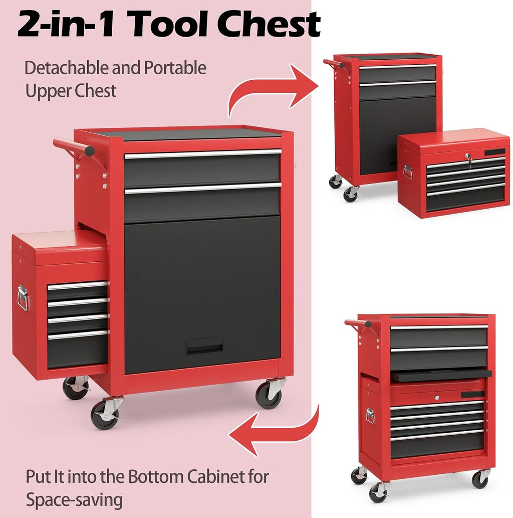 ERGOMASTER Tool Cabinet Chest Include 4-Drawers Removable Top Box + 2-Drawer & Caibinet Capacity Tool Storage with Wheels and Locking System - BlackRed 6-Drawers, TOOLBOX-2023
