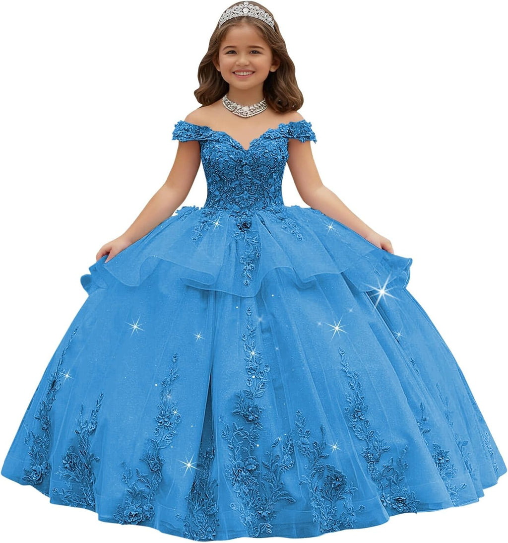 Crystal Lace Applique Flower Girl Dress Layered 3D Floral First Communion Dresses Off Shoulder Girls Pageant Dresses