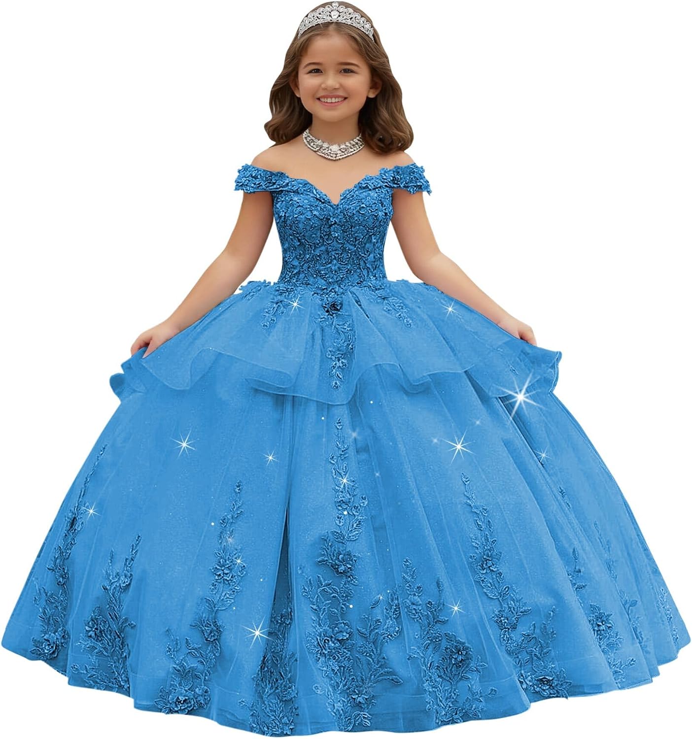 Crystal Lace Applique Flower Girl Dress Layered 3D Floral First Communion Dresses Off Shoulder Girls Pageant Dresses