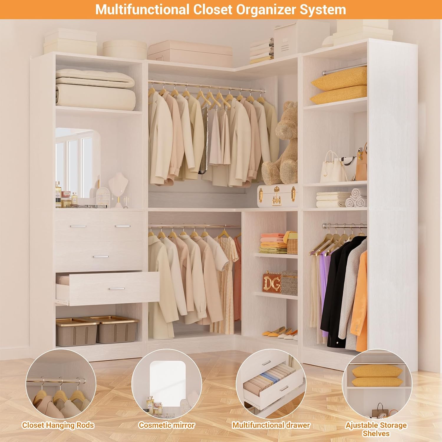 Unikito 86' Closet System, Large Corner Closets Organizer with Hanging Rods and Mirror Design, Freestanding Adjustable Wood Clothes Garment Rack with Drawers, Sturdy Walk in Closet Tower, White