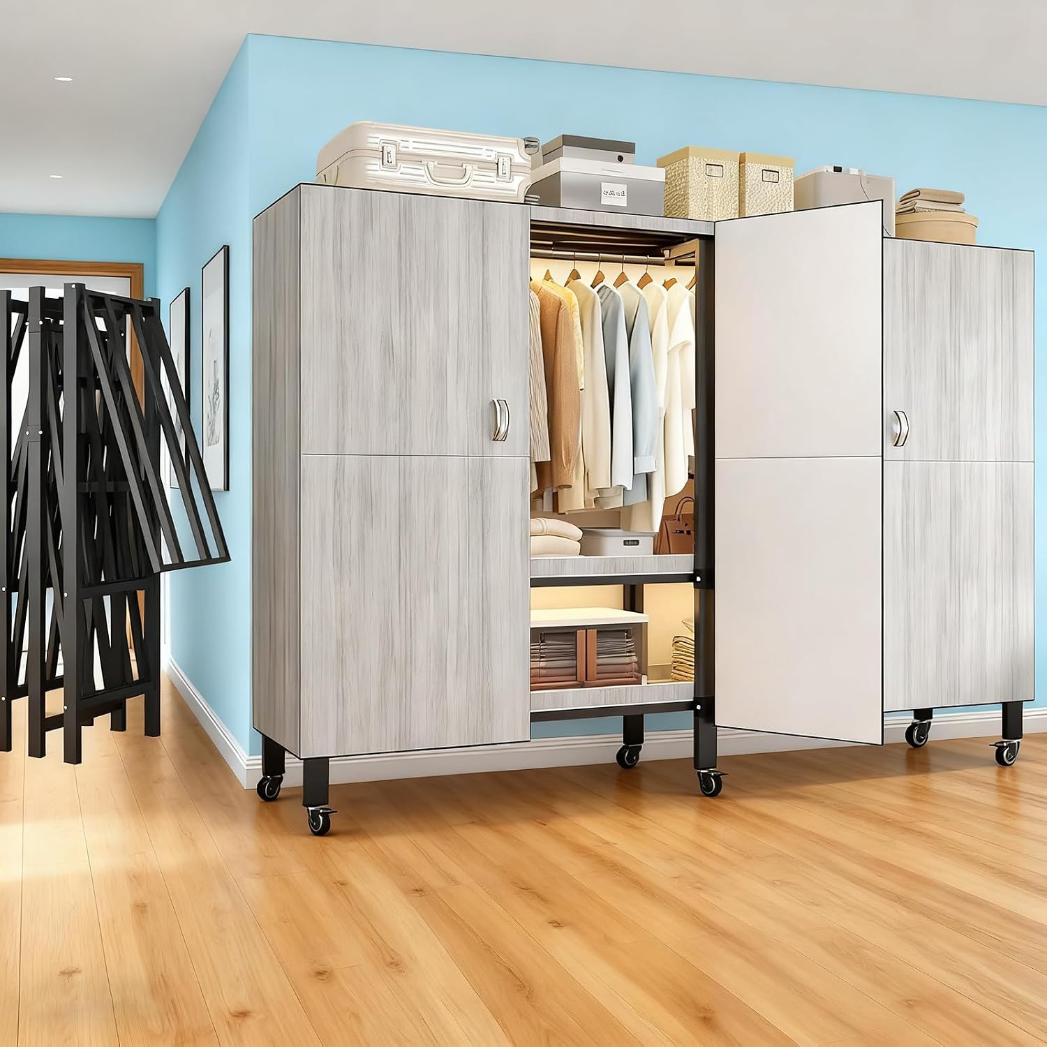 Foldable Portable Armoire Wardrobe Closet for Hanging Clothes Rack, Heavy Duty Covered Clothes Rack with Cover(HARDBOARD Magnetic), Closet Garment Rack for Bedroom Storage (KT Woodgrain Gray, 49.21in)