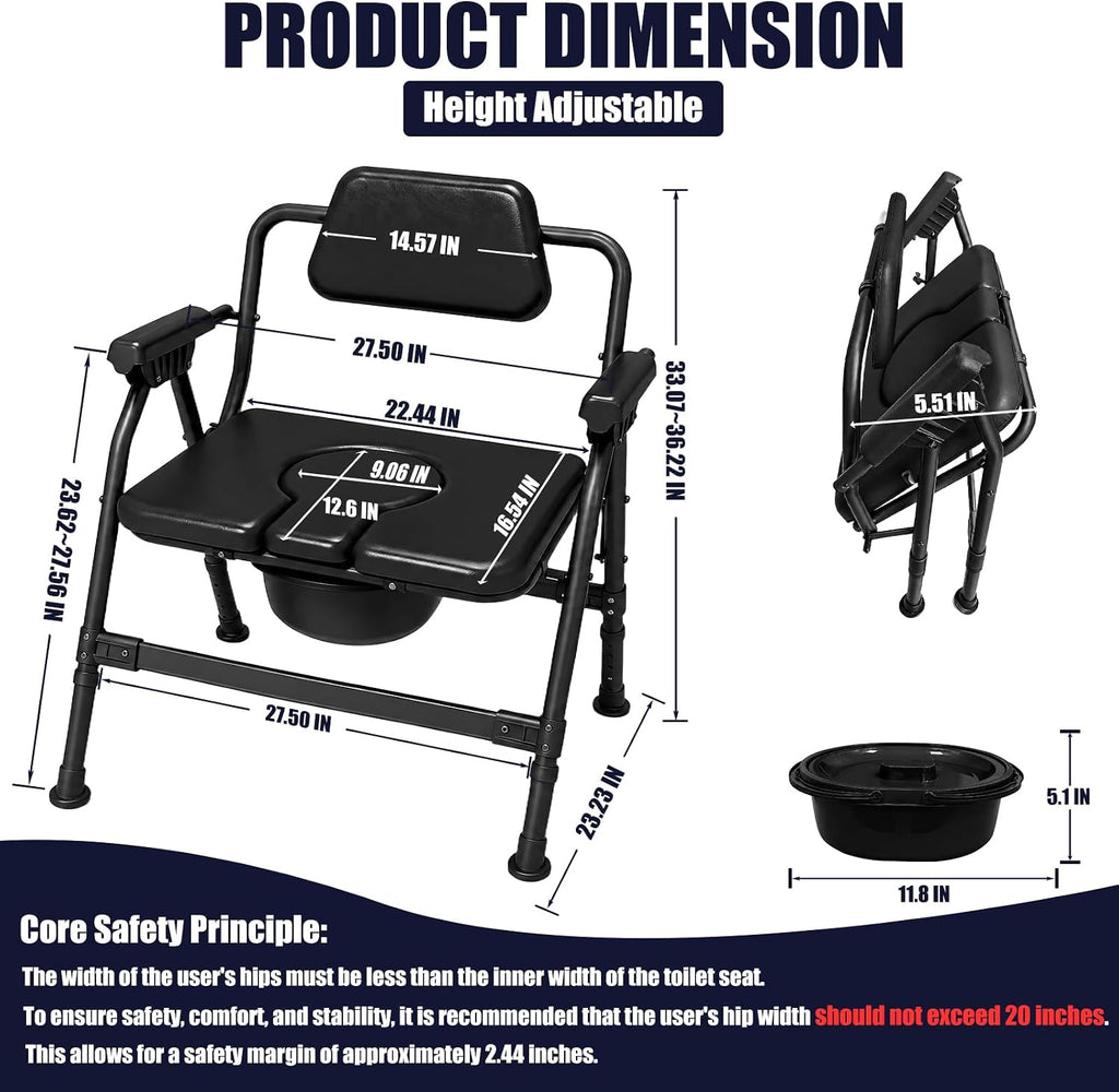 Heavy-Duty Large Bone Bedside Commode, 800lbs Weight Capacity & Extra-Wide Padded Seat, Adjustable Height Folding Toilet Chair for Seniors,Disabled, Patient Home Care(Black)