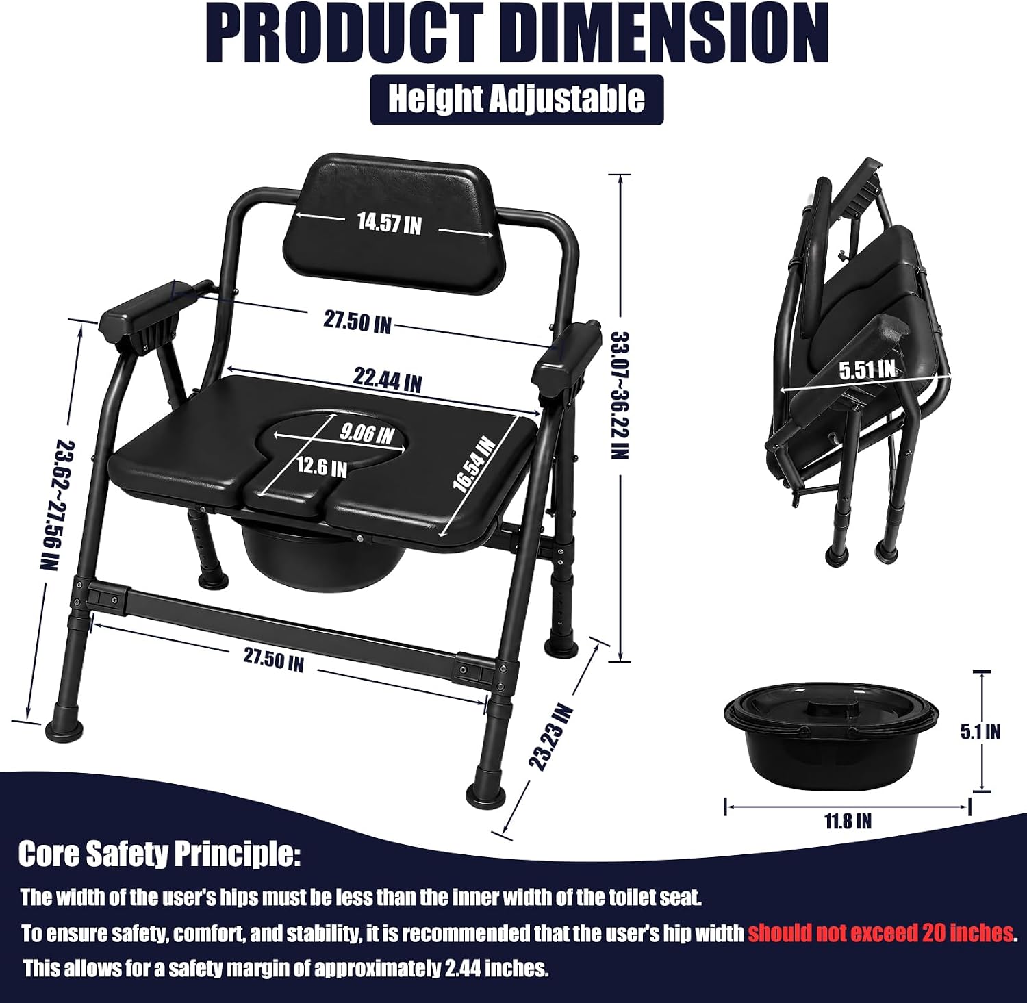 Heavy-Duty Large Bone Bedside Commode, 800lbs Weight Capacity & Extra-Wide Padded Seat, Adjustable Height Folding Toilet Chair for Seniors,Disabled, Patient Home Care(Black)