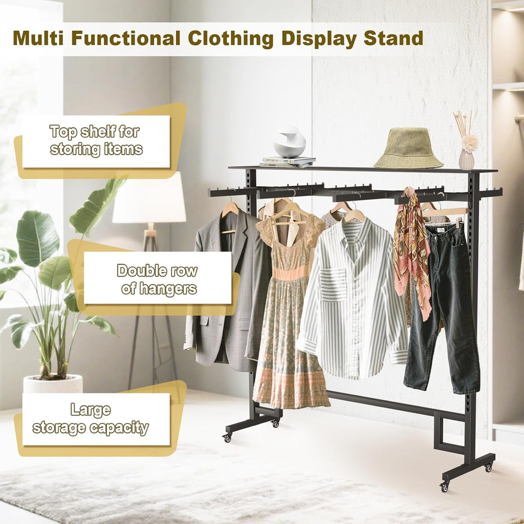 Retail Clothing Rack with Adjustable 8 Arms, Portable Boutique Display Hanging Stand on Wheels and Top Shelf, Floor Standing Metal Garment Shirts Racks, Black