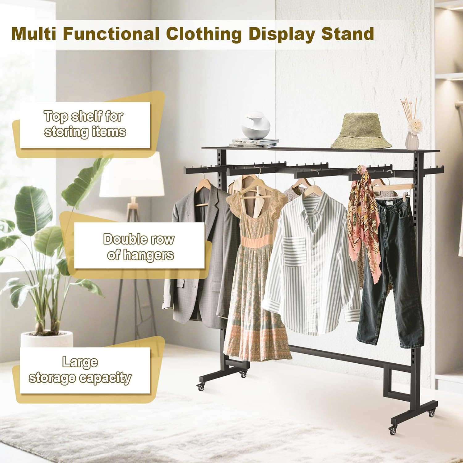 Retail Clothing Rack with Adjustable 8 Arms, Portable Boutique Display Hanging Stand on Wheels and Top Shelf, Floor Standing Metal Garment Shirts Racks, Black