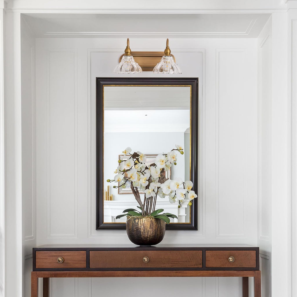 Vintage 2-Light Bathroom Vanity Light Wall Sconce Gold Wall Light Made of Metal Body and Pressed Patterned Glass Retro Vanity Light for Bedroom, Bathroom, Farmhouse, Hallway