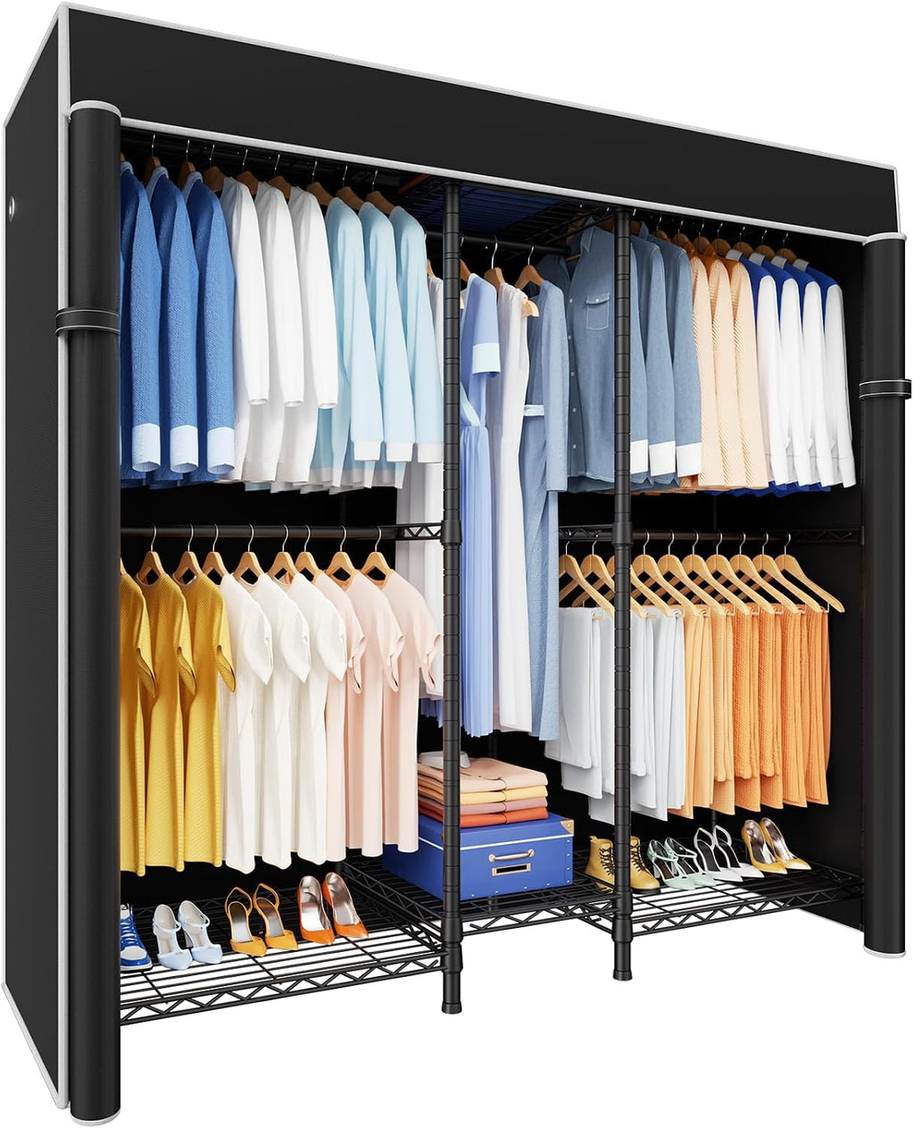Ulif E12C Heavy Duty Closet Organizer System，Freestanding Clothing Rack, Adjustable Garment Rack 57.1' W x 16' D x 76.5' H Holds 860 lbs, Black Clothing Rack with Black Dustproof Cover