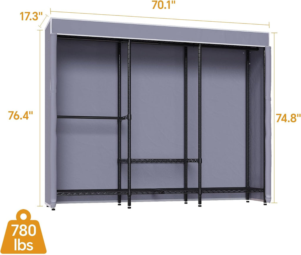 Higeego H8 Heavy Duty Clothes Rack with Cover, Covered Garment Rack with Shelves, Wardrobe Closet with Cover, Portable Closet Organizer Storage, Black Clothing Rack with Grey Cover