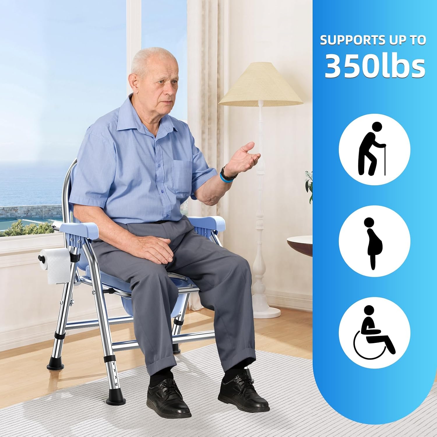 4 in 1 Folding Bedside Commode Chair for Elderly with Arms and Back,Adjustable Height Raised Toilet Seat with Handles,Adults Potty Chair for Seniors,Disabled,Holds Up to 350 lb (ABS Plastic Seat)