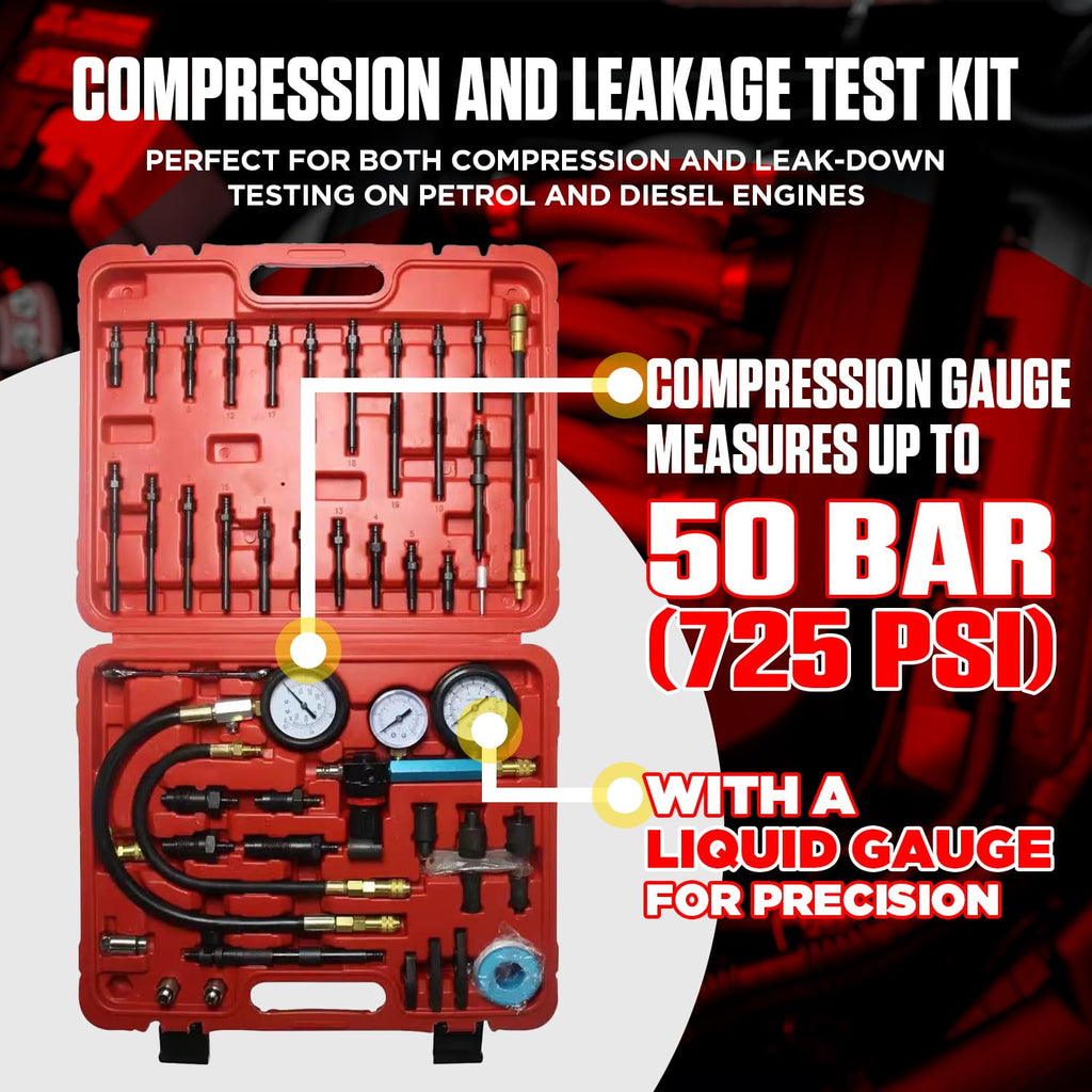 Petrol & Diesel Engine Compression and Leakage Test Kit – 47PCS Comprehensive Pressure Gauge Tool Set for Diagnosing Engine Issues Fits for Most Cars, Trucks and Motorcycles