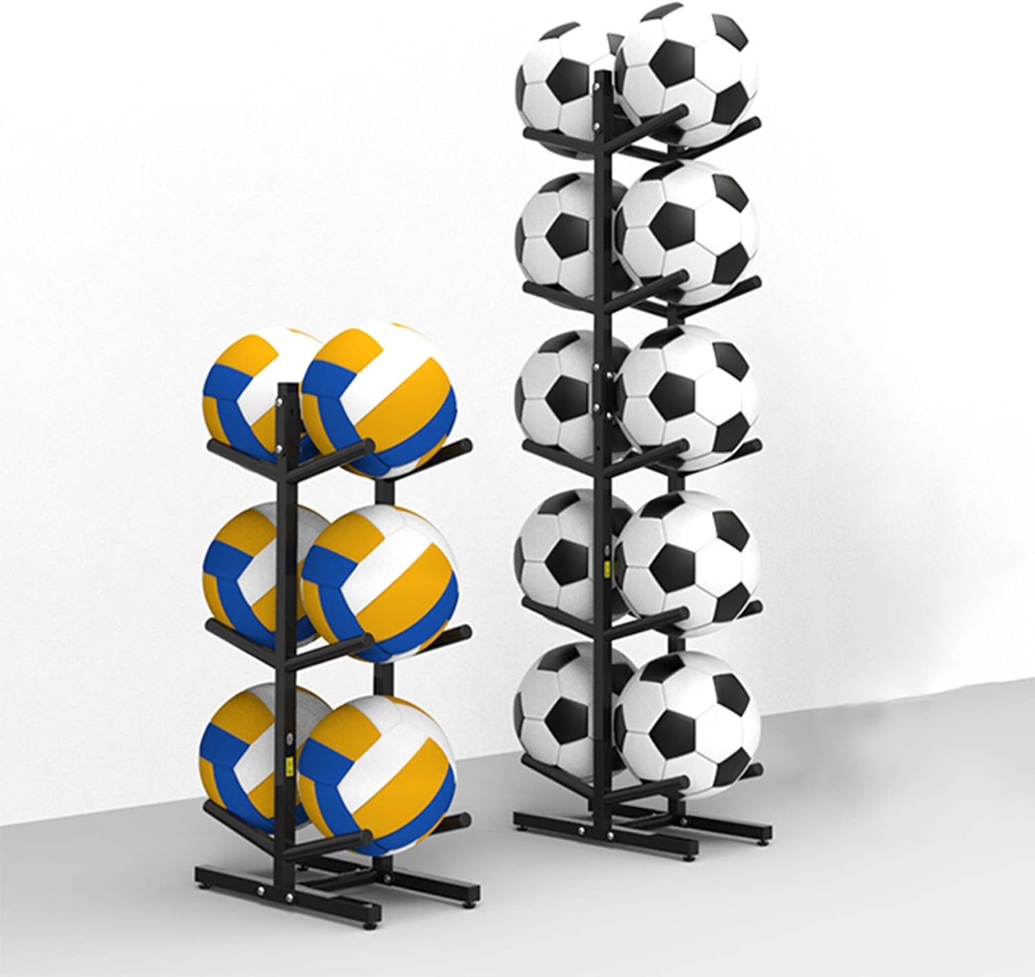 Sports Ball Storage Stand Double-Sided Garage Ball Storage with Hooks, Vertical Basketball Volleyball Football Rack for Boys Bedroom Decor, Free Standing 5-Tier Display Stand