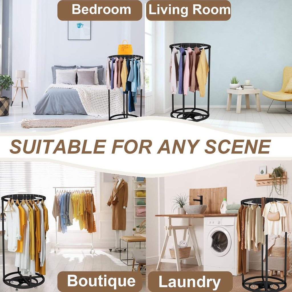 Rotatable Round Garment Display Rack, Floor-Standing Double Space Multi-Purpose Metal Shelf for Clothes Storage, Commercial Clothing Organizer in Retail Boutiques (Black, 27.6'x 51.2')