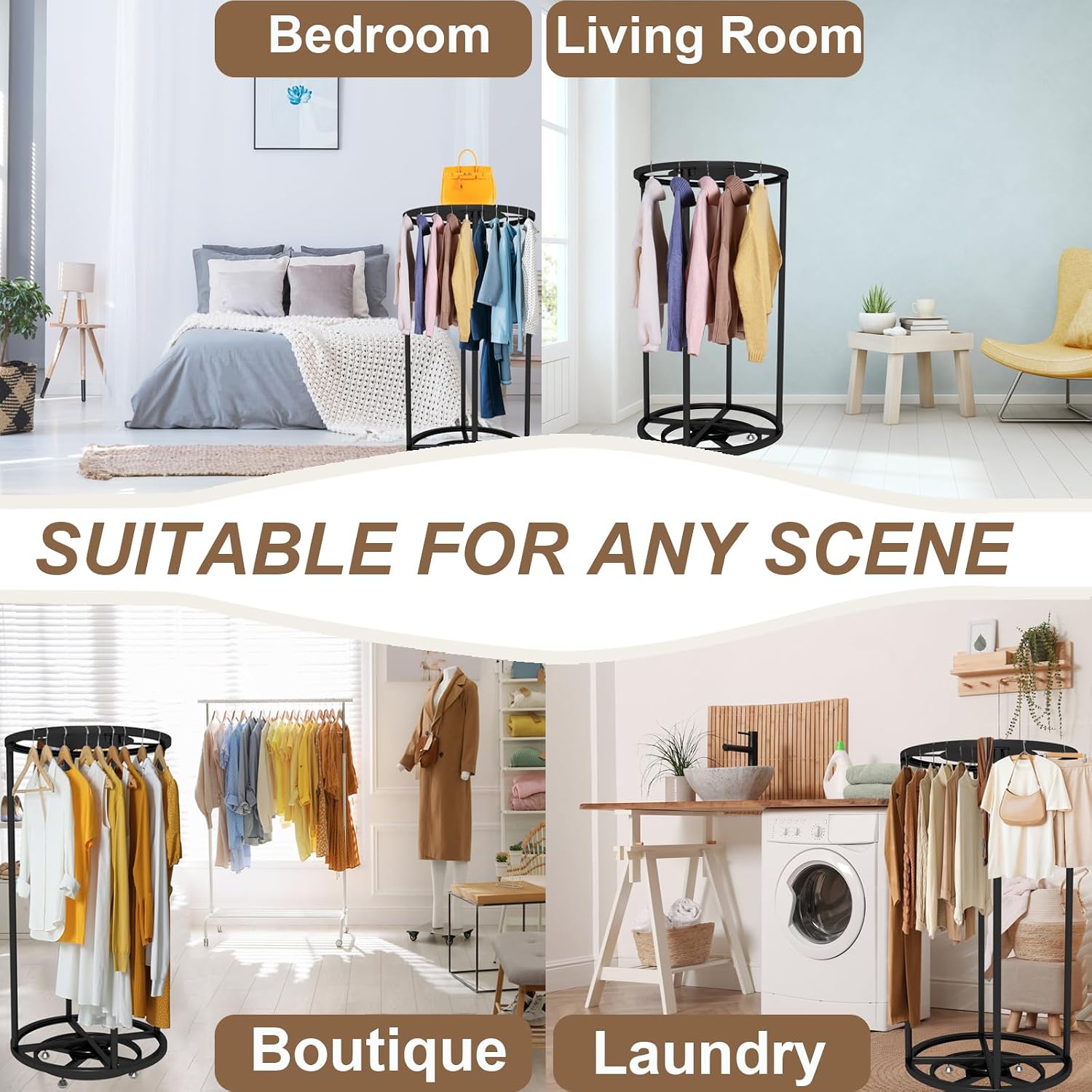 Rotatable Round Garment Display Rack, Floor-Standing Double Space Multi-Purpose Metal Shelf for Clothes Storage, Commercial Clothing Organizer in Retail Boutiques (Black, 27.6'x 51.2')
