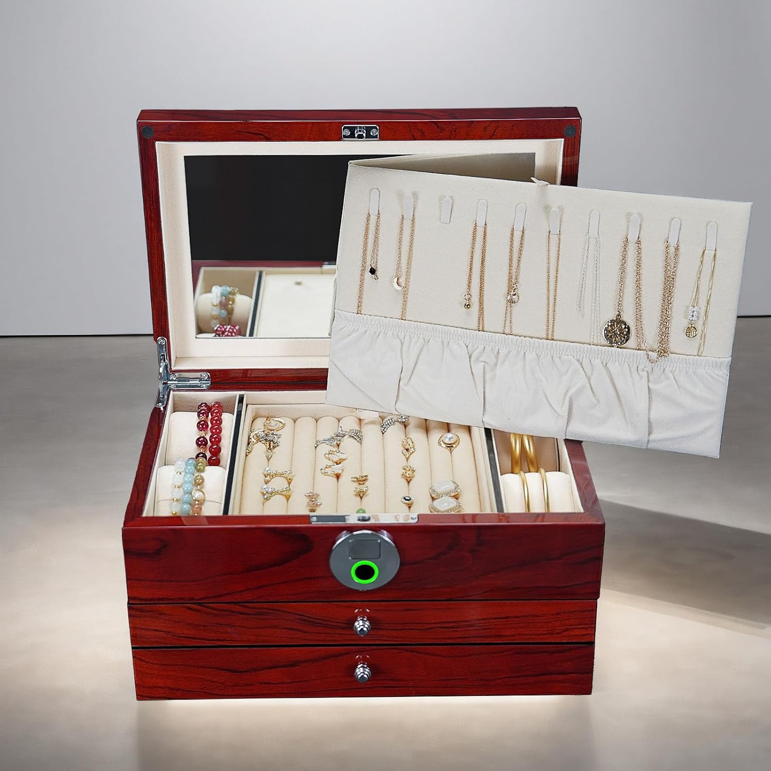 Wood Jewelry Box for Women, 3-layers Large Jewelry Storage Box&Organizer Fingerprint Lock, Drawers Full Locking, Mother Gifts (3L-RS)