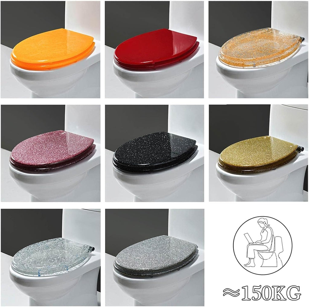 Toilet Seat Soft Close, Oval Glitter Toilet Seat with Quick Release, Toilet Lid with Top Fixing, Resin Toilet Seat(Pink)