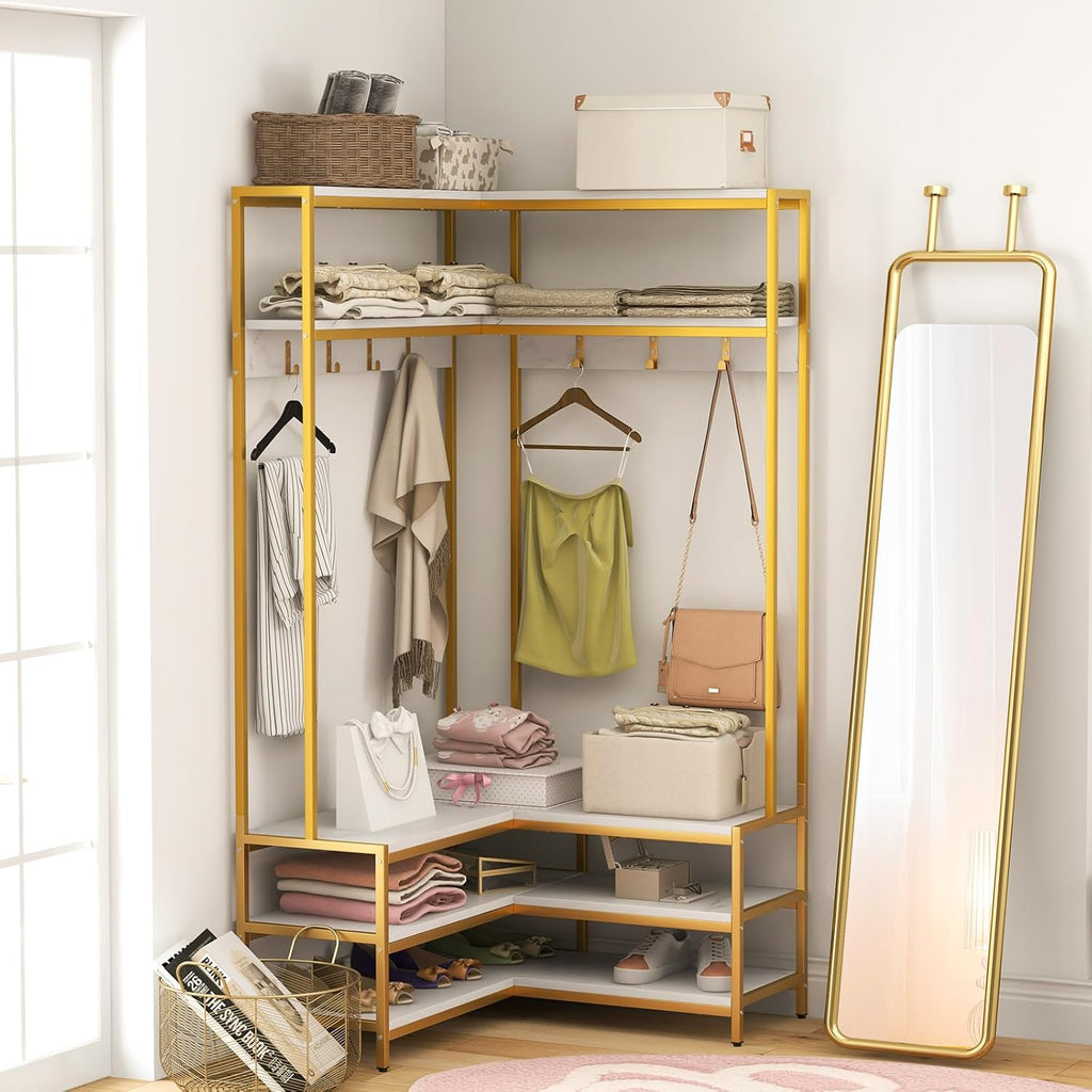 Giantex Corner Coat Rack with Shoe Bench, L-Shaped Garment Rack with 5 Shelves & 7 Hooks, Heavy Duty Freestanding Clothes Racks Entryway Bench with Shoes Organizer for Hallway (White & Gold)