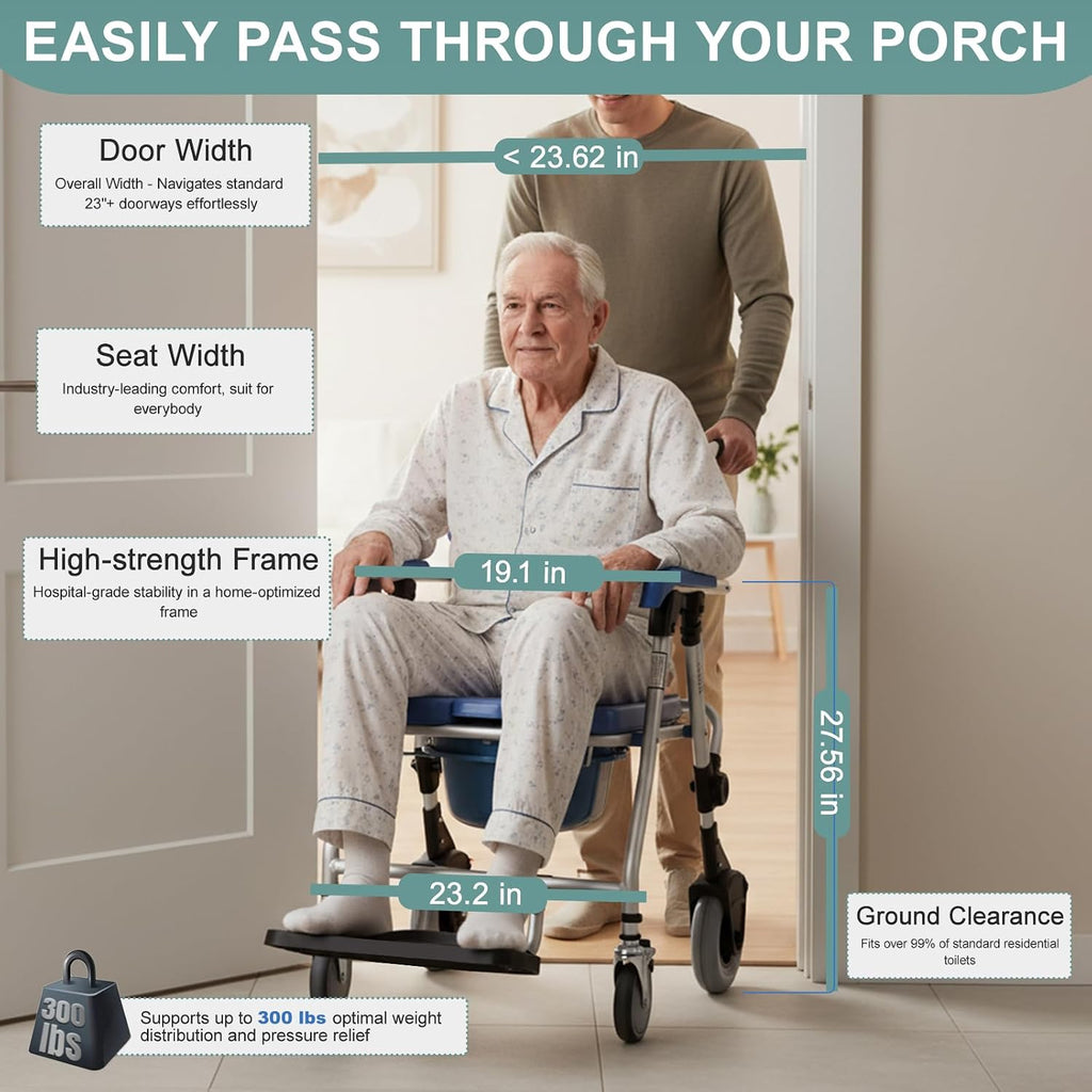 Bedside Commode with Wheels - Anti-Sponge Padded Seat, Foldable Mobile Toilet Shower Stool with 300 LBS Weight Capacity, Portable Toilet with Bucket for Elderly and Disabled