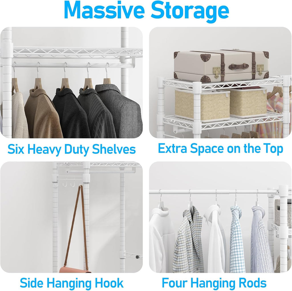 Homdox Heavy Duty Garment Rack with Extendable Hanging Rods, Adjustable Metal Clothing Rack for Hanging Clothes, Freestanding Closet Wardrobe Clothes Rack with Wire Storage Shelves, White