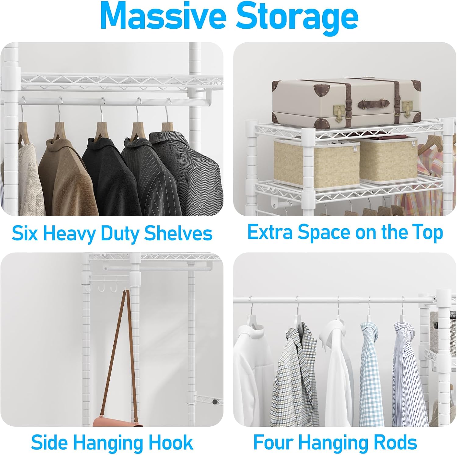 Homdox Heavy Duty Garment Rack with Extendable Hanging Rods, Adjustable Metal Clothing Rack for Hanging Clothes, Freestanding Closet Wardrobe Clothes Rack with Wire Storage Shelves, White