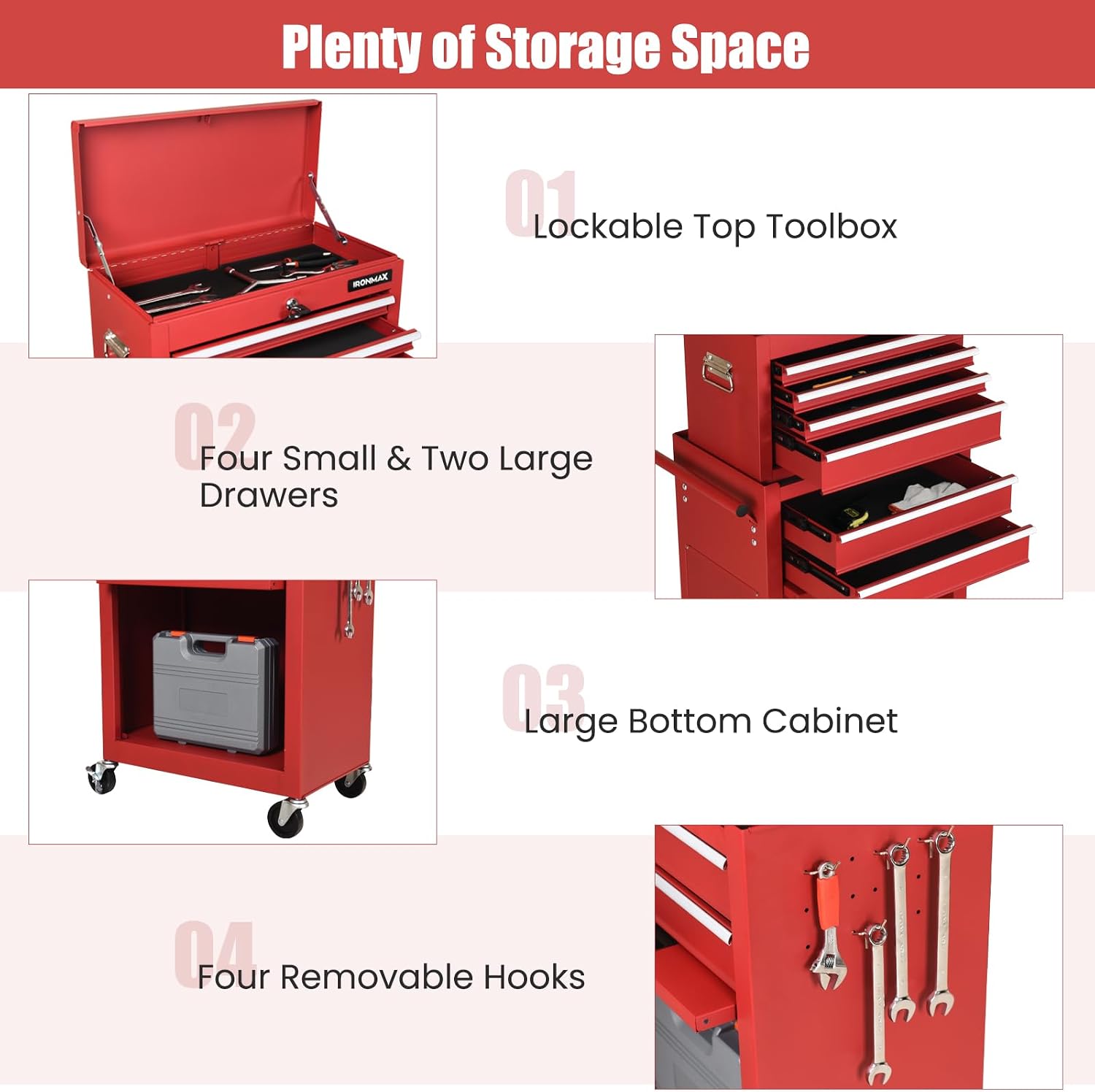 IRONMAX Rolling Tool Chest, 6-Drawer Lockable Tool Cabinet w/ 4 Universal Wheels, 2 in 1 Detachable Tool Box Storage Organizer for Garage Workshop Repair Shop (6-Drawer, Red)